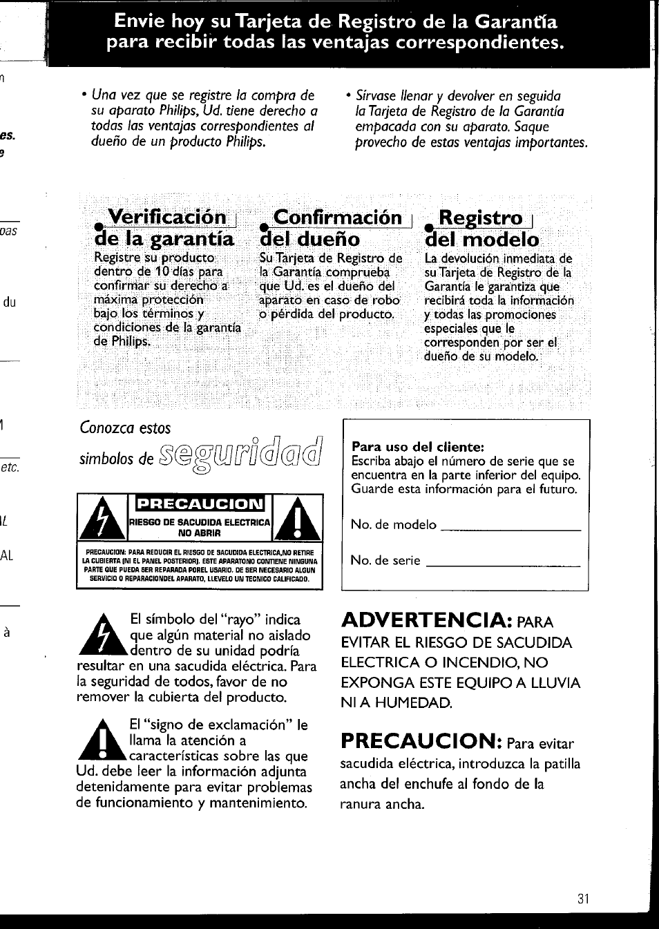 Veríficadón i de la garantía, Confirmación, Del dueño | Registro i del modelo, Advertencia: para, Veríficadón, De la garantía, Confirmación del dueño, Advertencia, Precaucion | Philips AZ1060 User Manual | Page 37 / 52