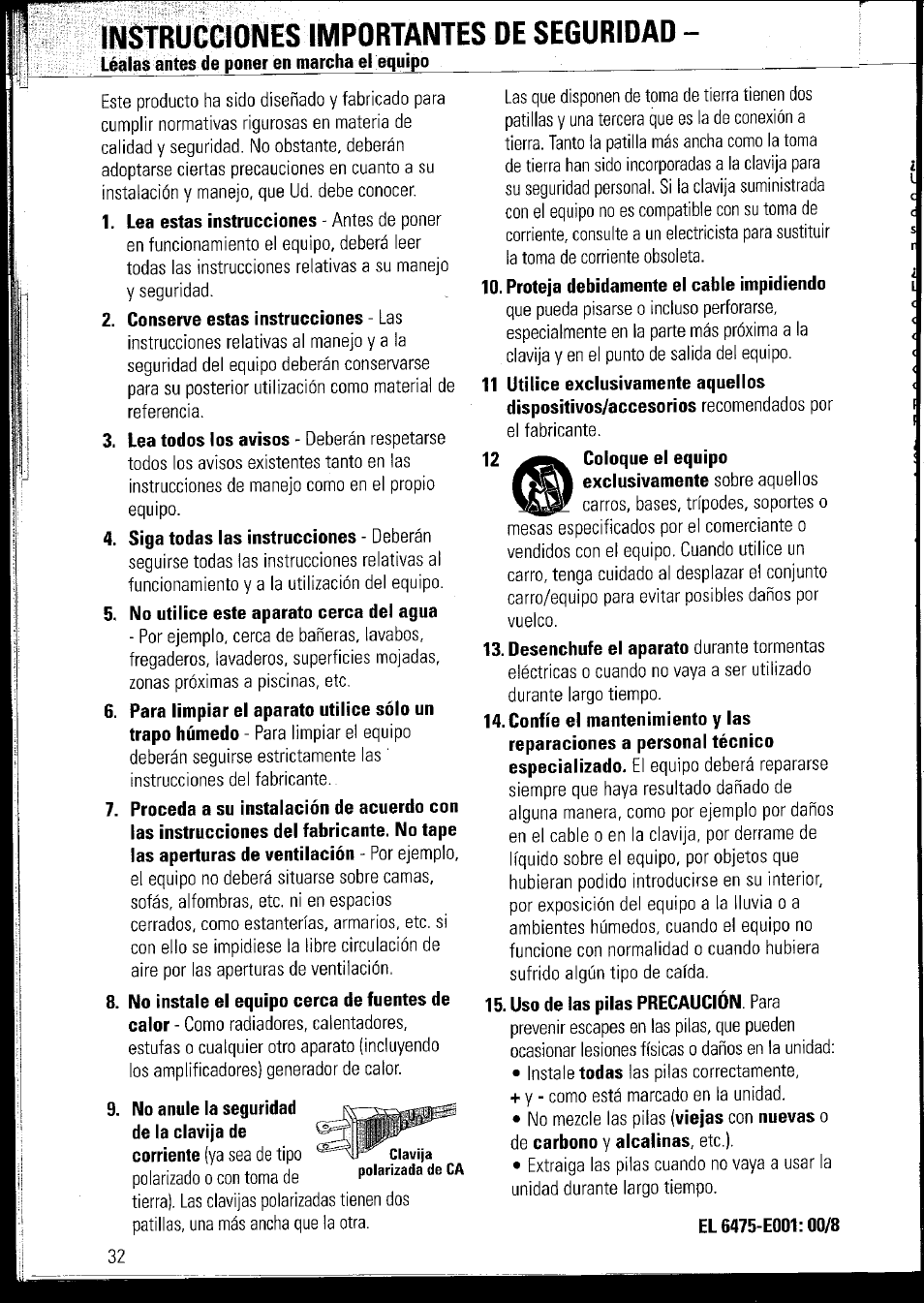 Instrucciones importantes de seguridad, Conserve estas instrucciones - las, No utilice este aparato cerca del agua | Proteja debidamente el cable impidiendo, 11 utilice exclusivamente aquellos, El6475-e001:00/8 | Philips AZ1060 User Manual | Page 38 / 52