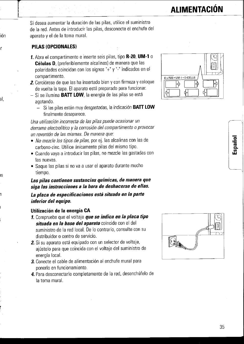 Pilas (opcionales), Alimentacion | Philips AZ1060 User Manual | Page 41 / 52