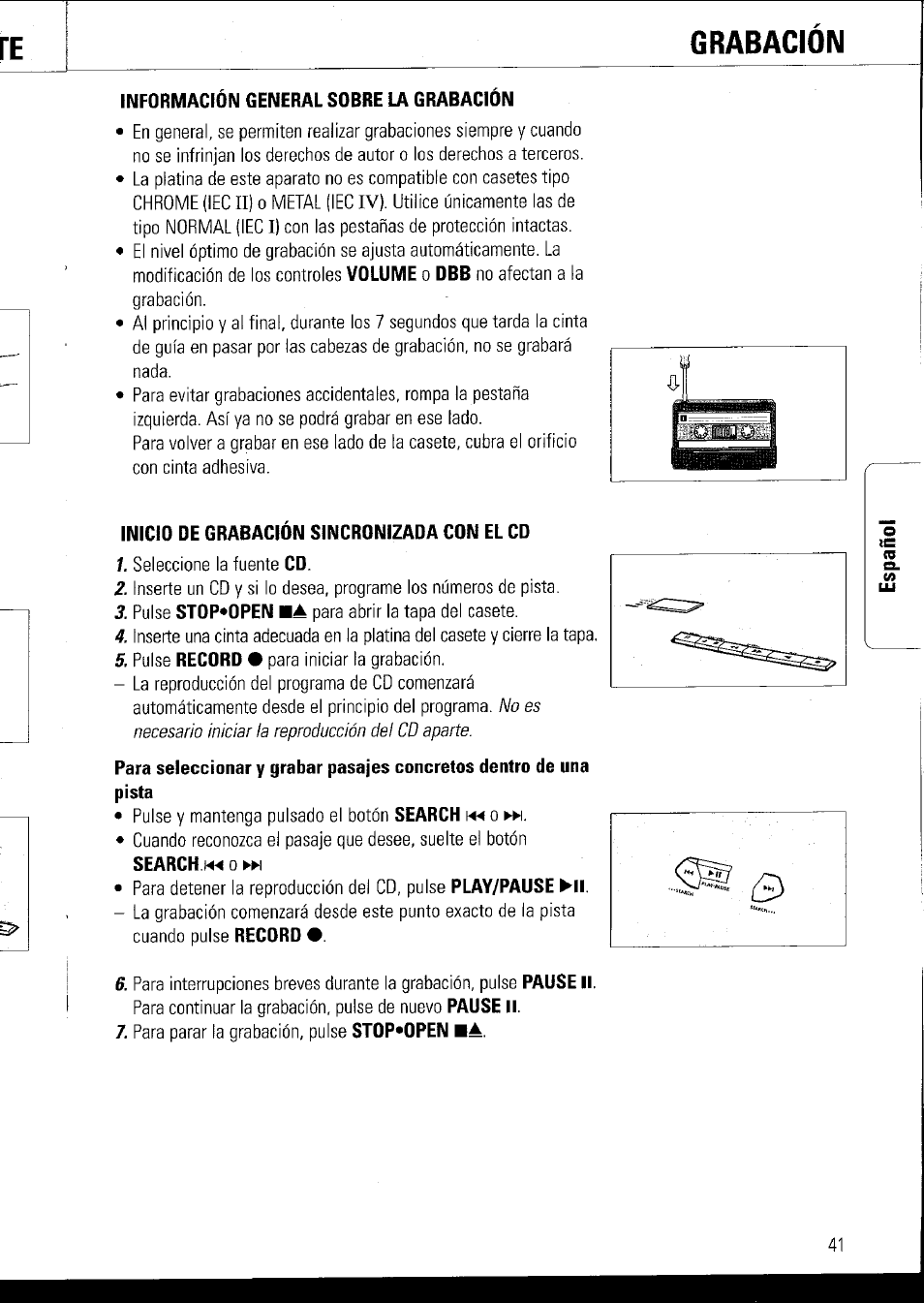 Informacion general sobre la grabacion, Inicio de grabación sincronizada con el cd, Ге grabacion | Philips AZ1060 User Manual | Page 47 / 52