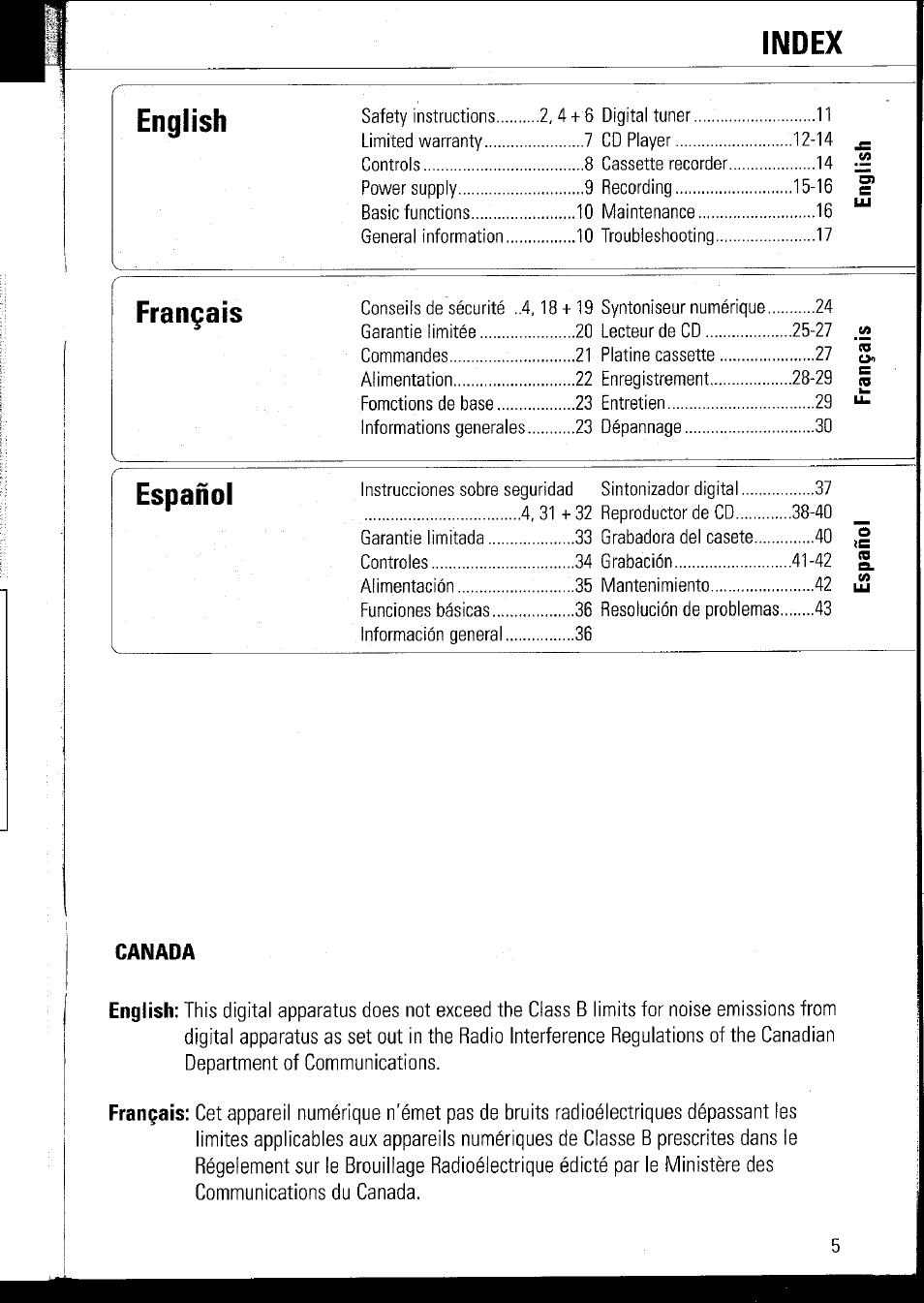 Index, Canada | Philips AZ1060 User Manual | Page 9 / 52