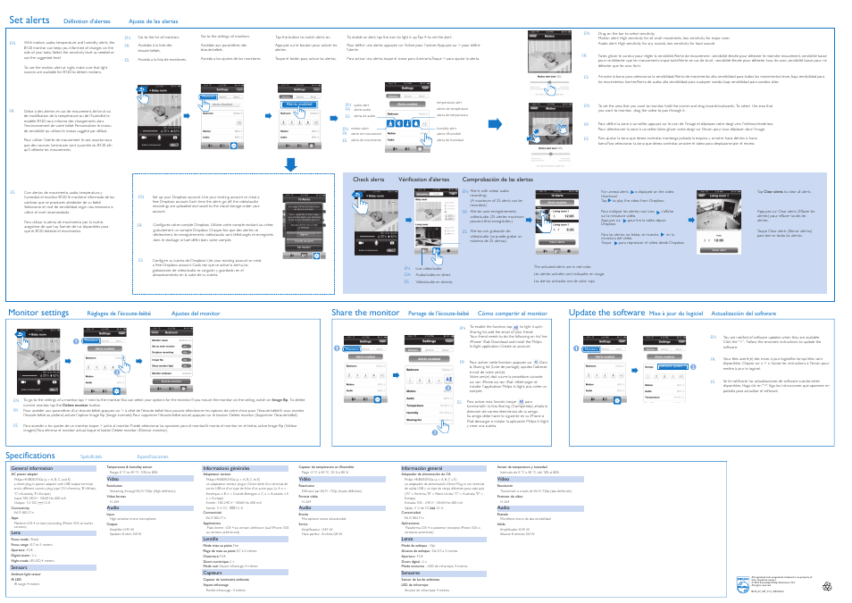 Set alerts, Share the monitor, Monitor settings | Update the software, Specifications | Philips B120-37 User Manual | Page 2 / 2