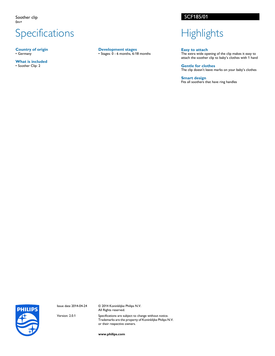 Specifications, Highlights | Philips SCF185-01 User Manual | Page 2 / 2