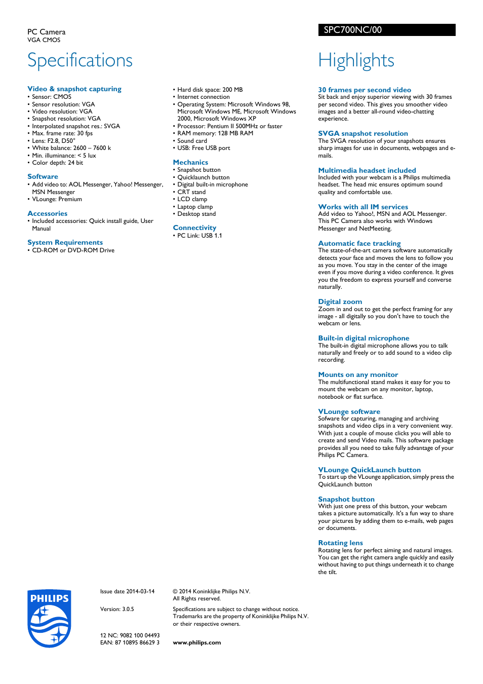Specifications, Highlights | Philips SPC700NC-00 User Manual | Page 2 / 2