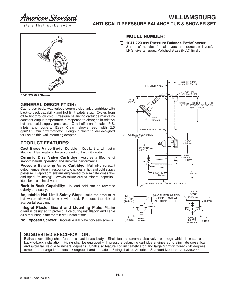 American Standard Williamsburg 1041.229.099 User Manual | 2 pages