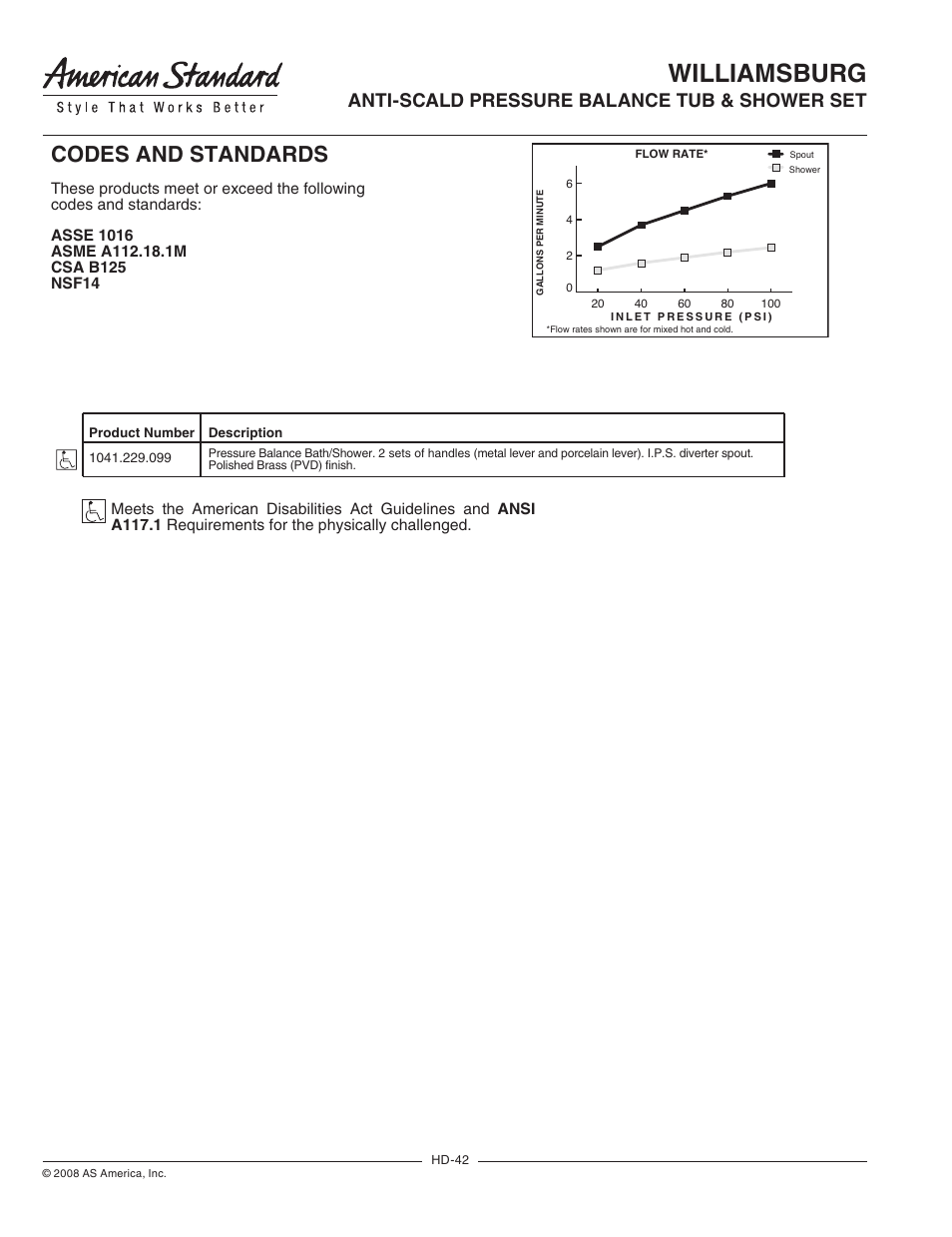 Retail spec sheets 42, Williamsburg, Codes and standards | Anti-scald pressure balance tub & shower set, Model number, Product features, Suggested specification, General description | American Standard Williamsburg 1041.229.099 User Manual | Page 2 / 2