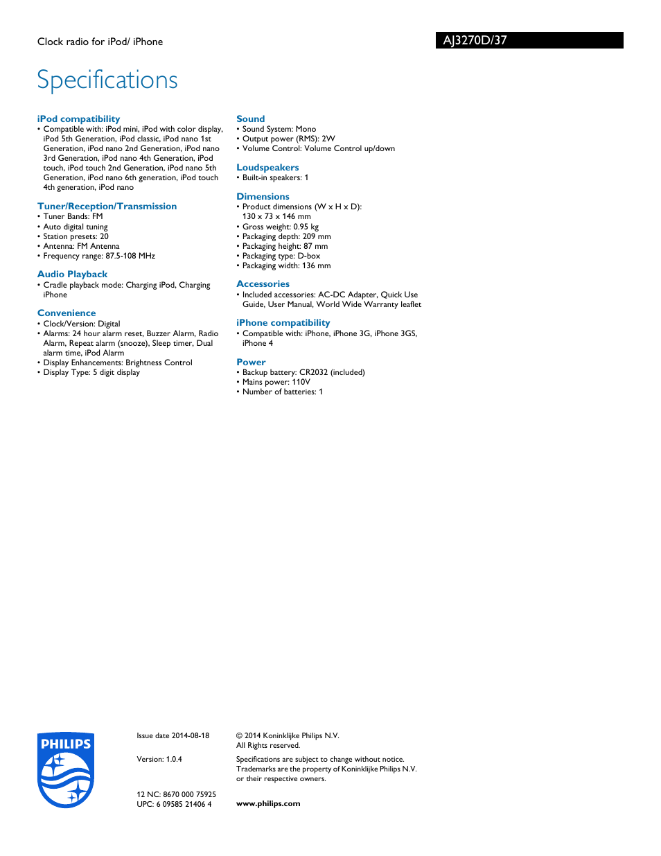 Specifications | Philips AJ3270D-37 User Manual | Page 3 / 3