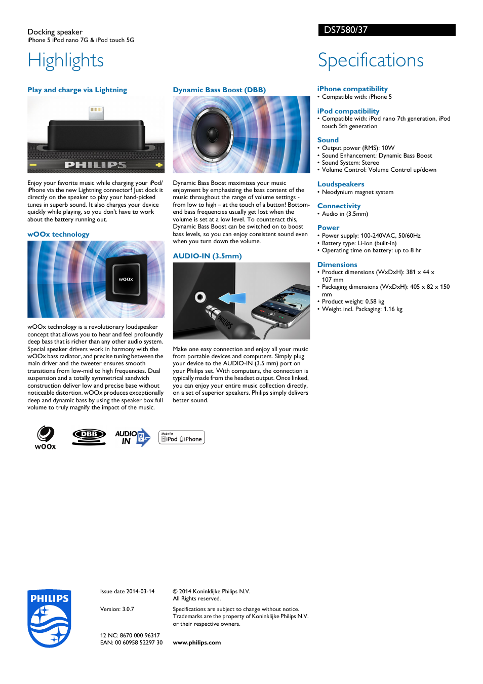 Highlights, Specifications | Philips DS7580-37 User Manual | Page 2 / 2