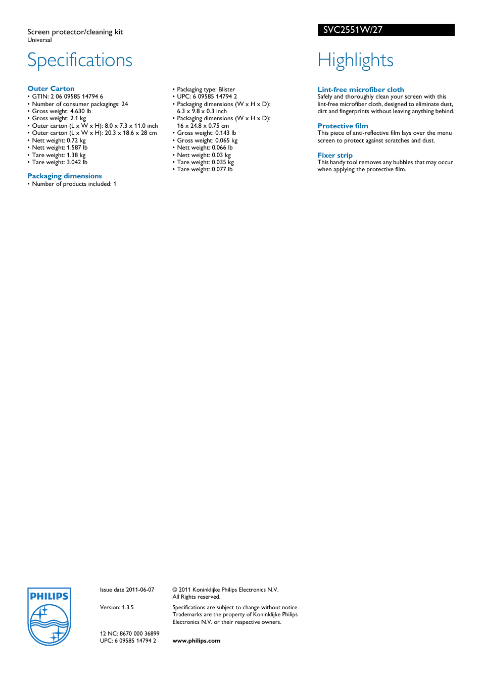 Specifications, Highlights | Philips Screen protector-cleaning kit SVC2551W Universal User Manual | Page 2 / 2