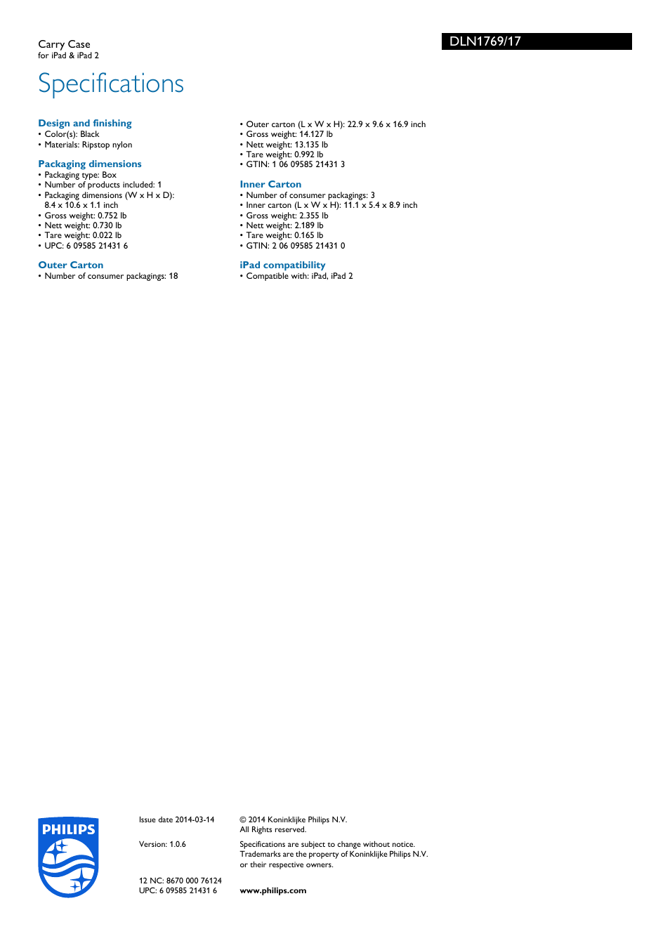 Specifications | Philips DLN1769-17 User Manual | Page 2 / 2