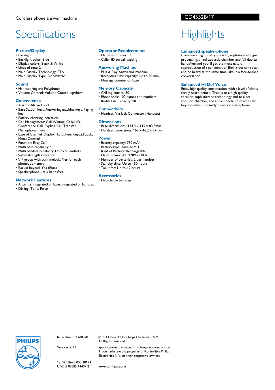 Specifications, Highlights | Philips CD4552B-17 User Manual | Page 2 / 2