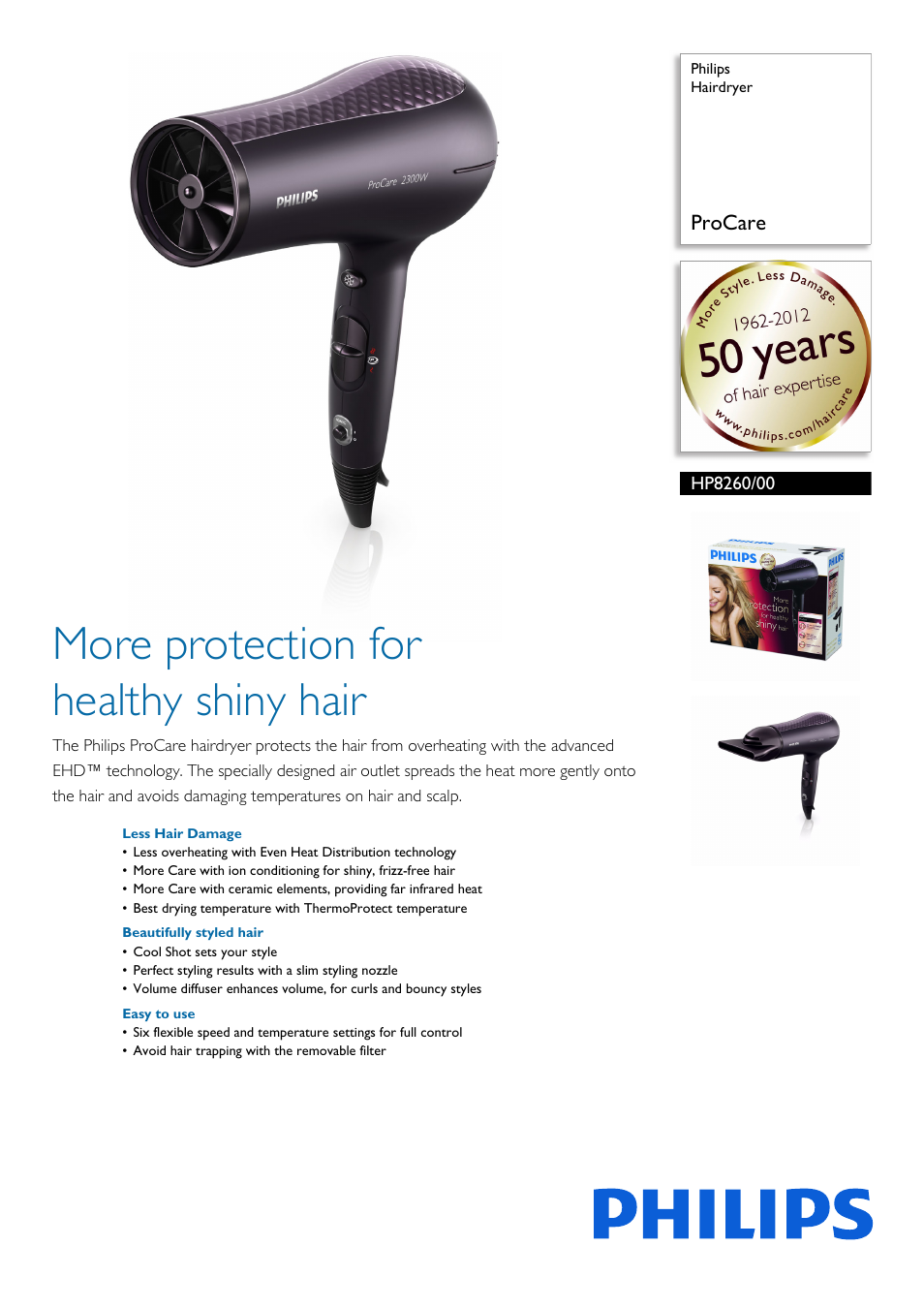 Philips Hairdryer HP8260-00 2300W Even Heat Distribution Ionic Care with Volume Diffuser User Manual | 2 pages