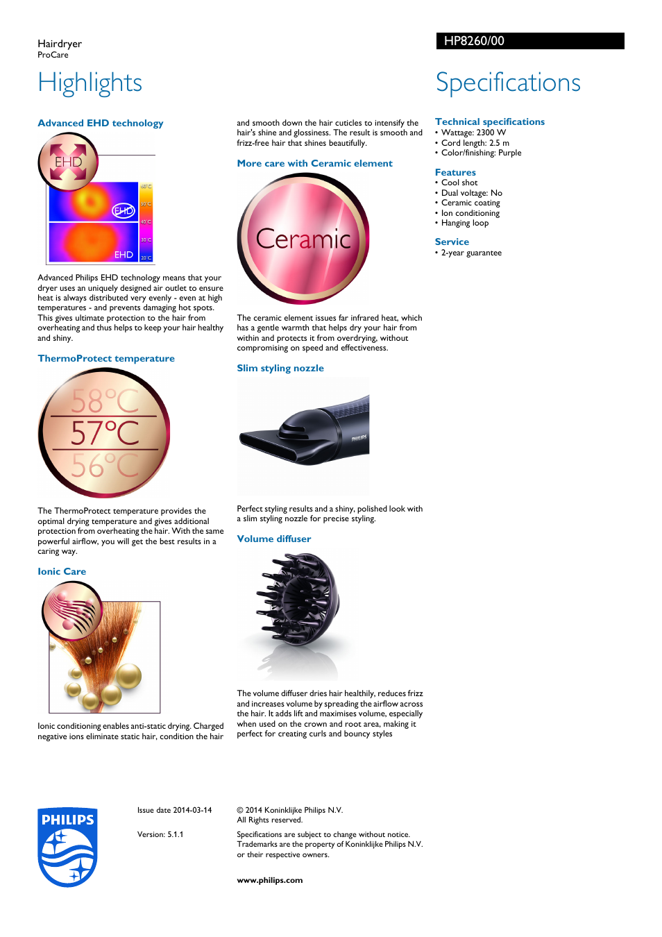 Highlights, Specifications | Philips Hairdryer HP8260-00 2300W Even Heat Distribution Ionic Care with Volume Diffuser User Manual | Page 2 / 2