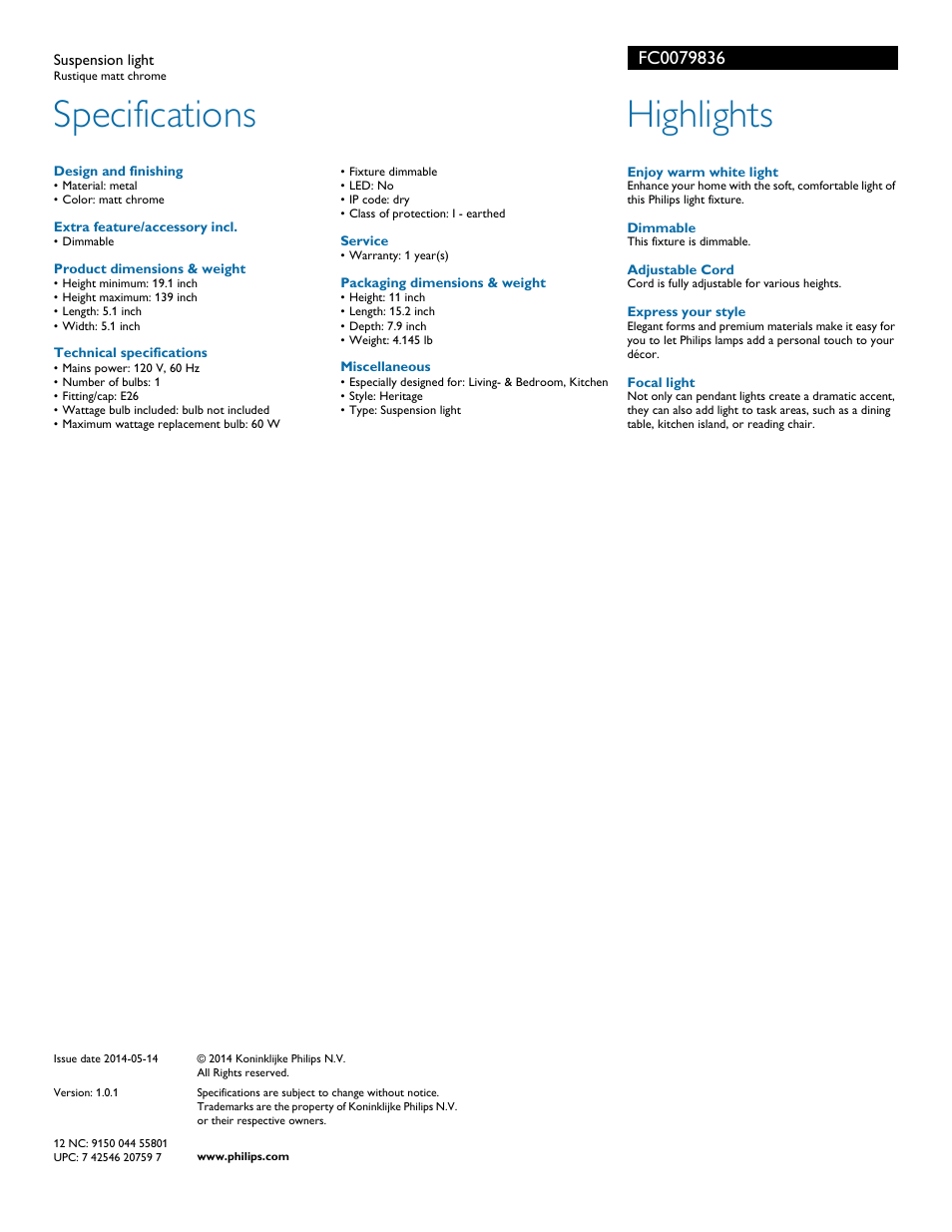 Specifications, Highlights | Philips FC0079836 User Manual | Page 2 / 2