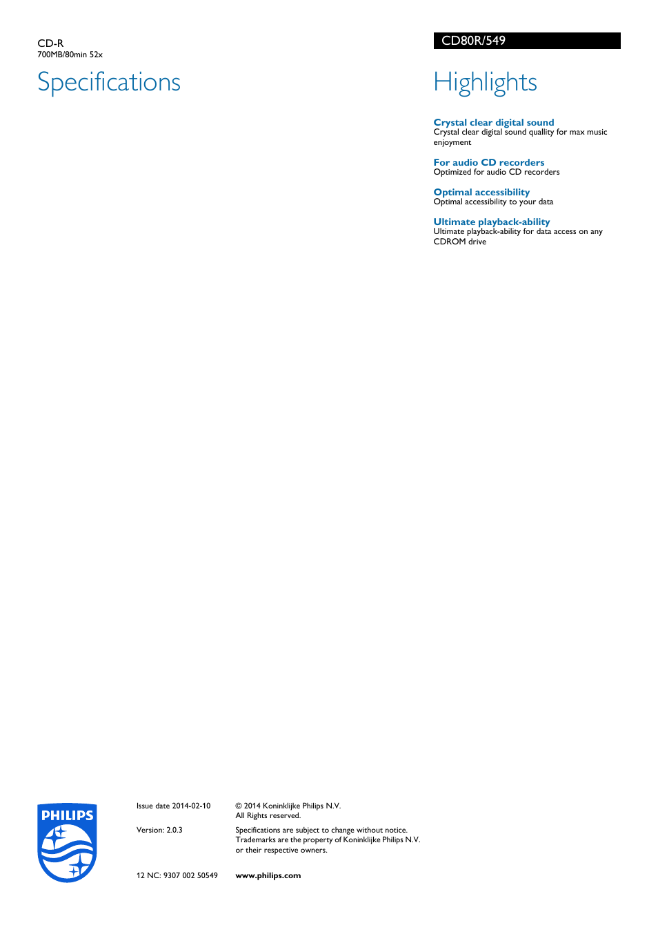 Specifications, Highlights | Philips CD80R-549 User Manual | Page 2 / 2