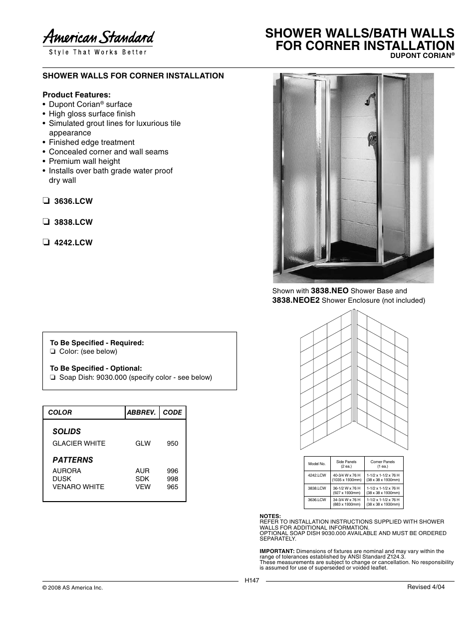 American Standard 3636.LCW User Manual | 1 page