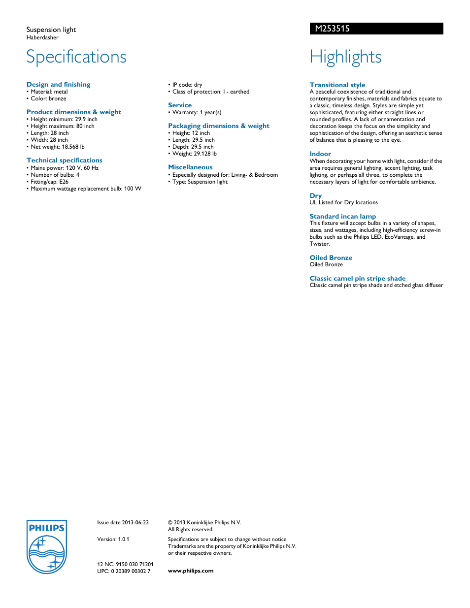 Specifications, Highlights | Philips M253515 User Manual | Page 2 / 2