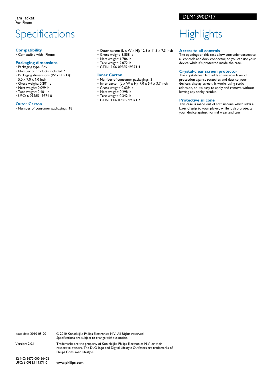 Specifications, Highlights | Philips DLM1390D-17 User Manual | Page 2 / 2