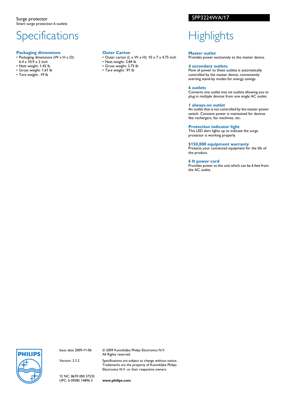 Specifications, Highlights | Philips Surge protector SPP3224WA Smart surge protection 6 outlets User Manual | Page 2 / 2