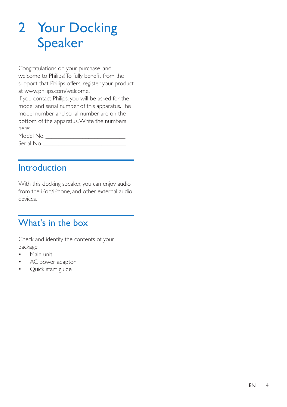 2 your docking speaker, Introduction, What's in the box | Introduction 4 | Philips AD330-37 User Manual | Page 4 / 10