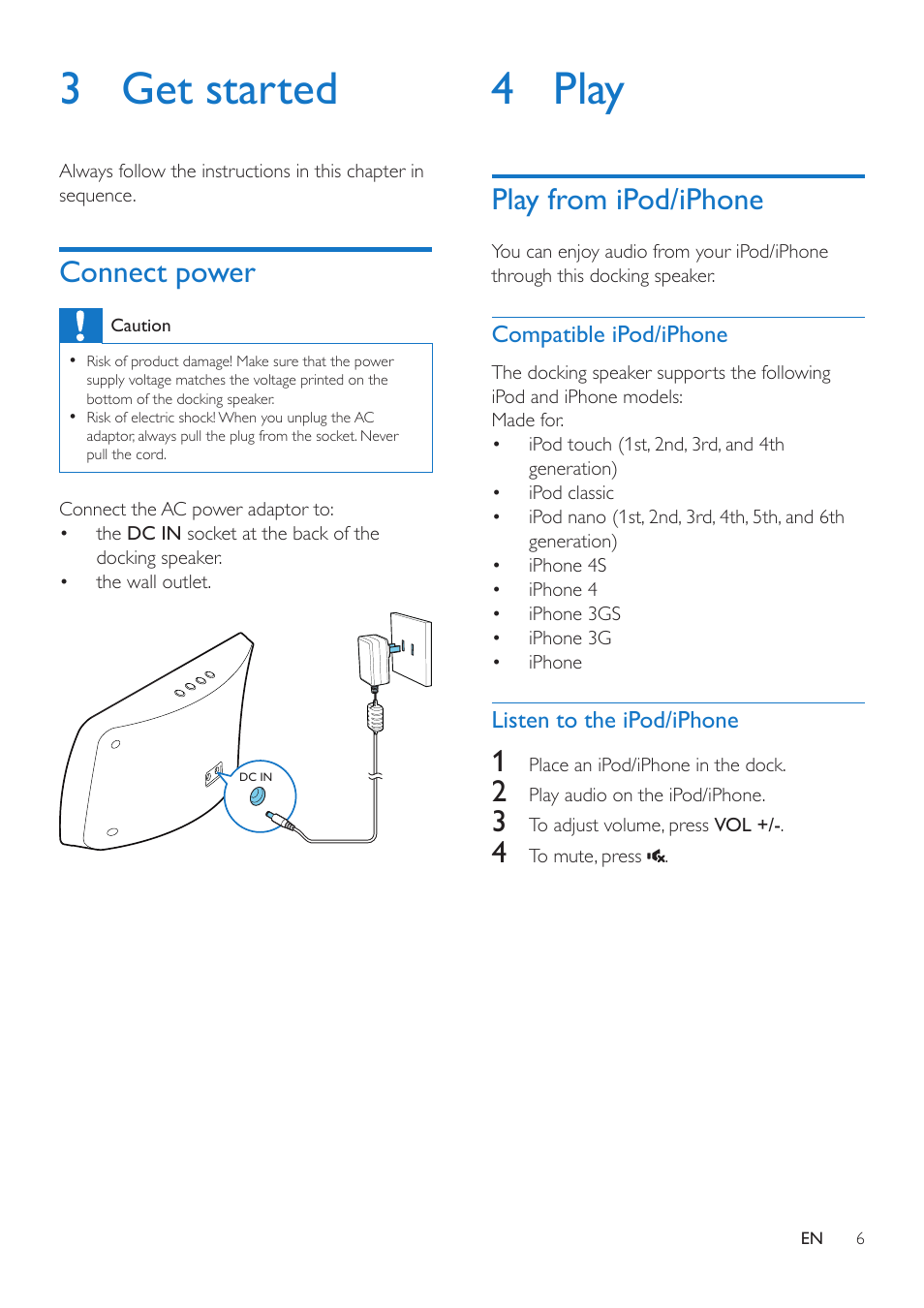 3 get started, Connect power, 4 play | Play from ipod/iphone | Philips AD330-37 User Manual | Page 6 / 10