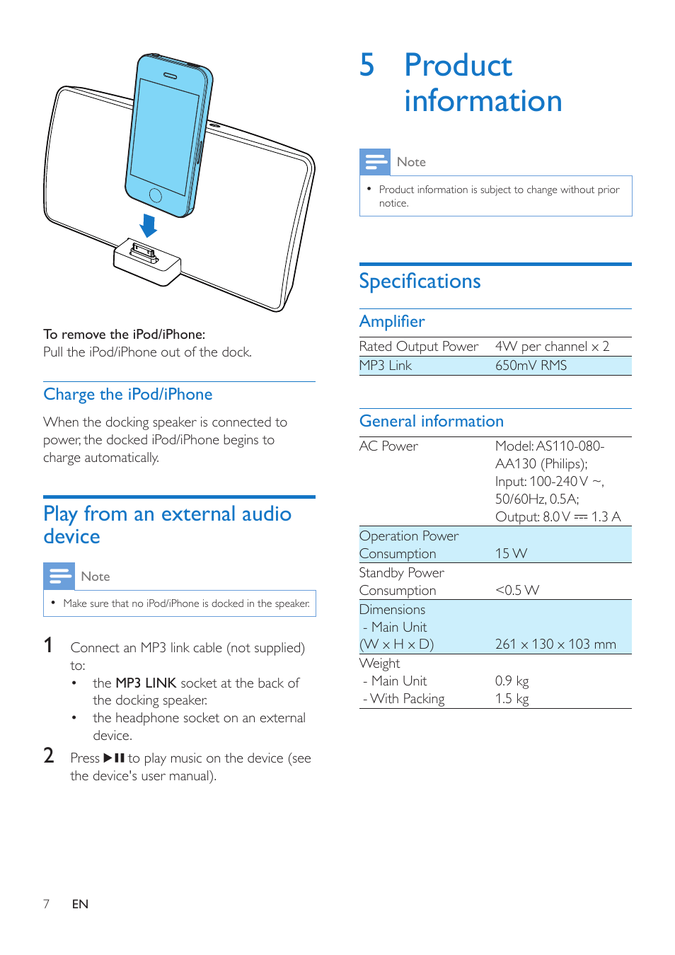 Play from an external audio device, 5 product information, Specifications | Philips AD330-37 User Manual | Page 7 / 10