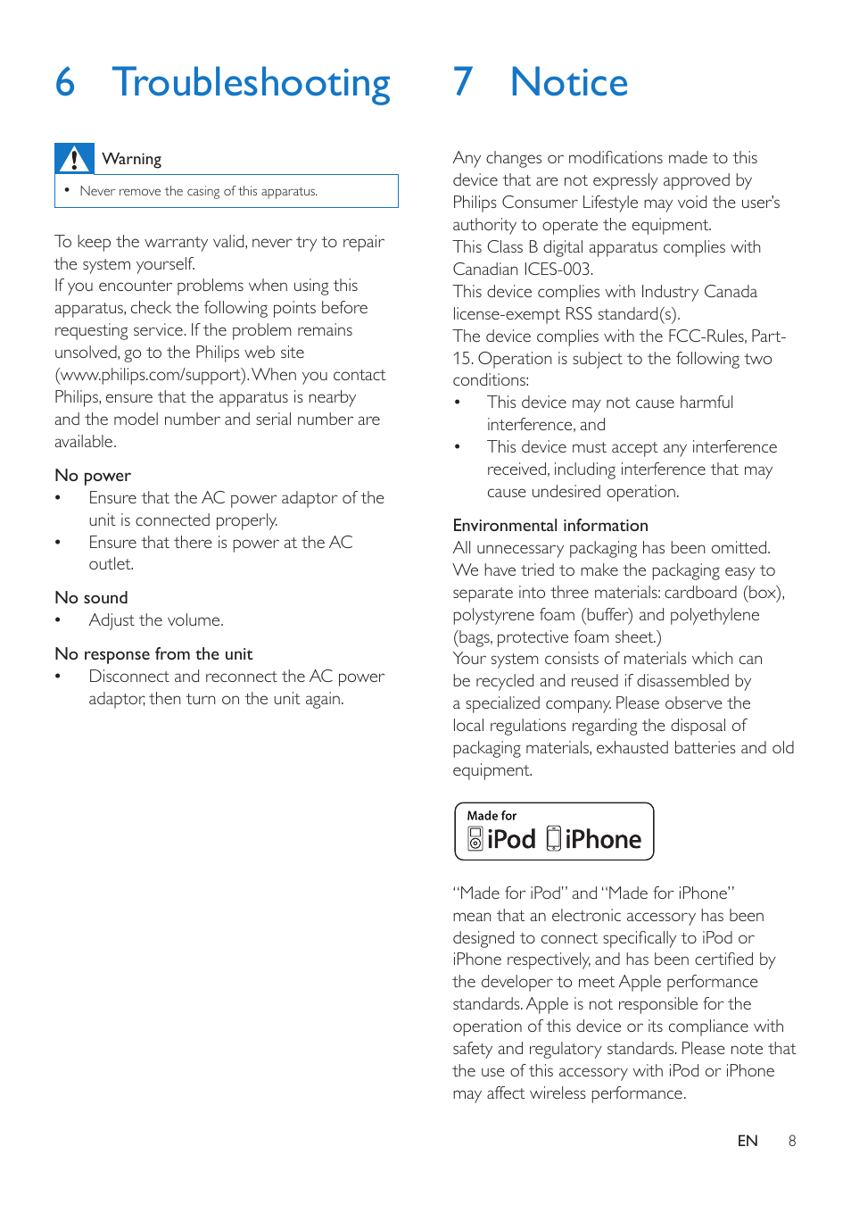 6 troubleshooting, 7 notice | Philips AD330-37 User Manual | Page 8 / 10