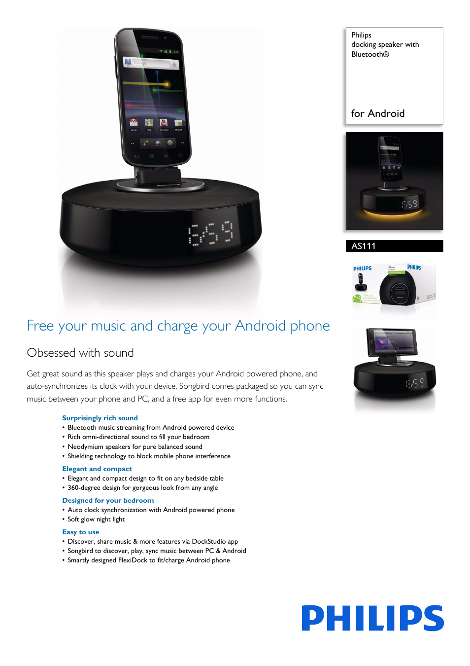 Philips docking speaker with Bluetooth® AS111 for Android User Manual | 2 pages