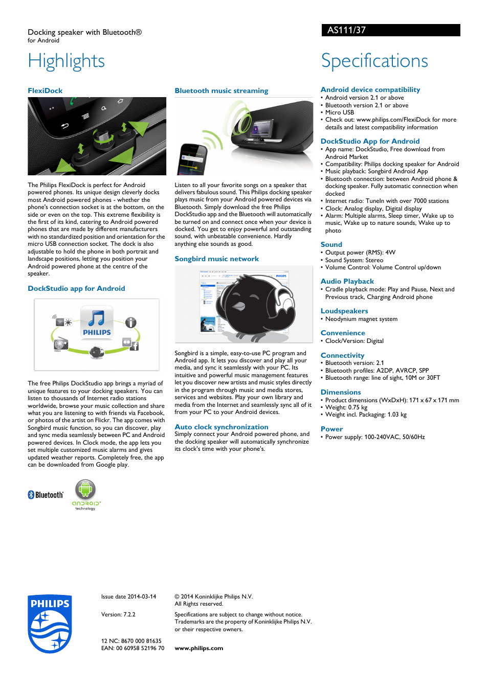 Highlights, Specifications | Philips docking speaker with Bluetooth® AS111 for Android User Manual | Page 2 / 2