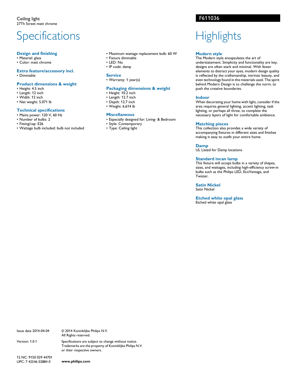 Specifications, Highlights | Philips F611036 User Manual | Page 2 / 2