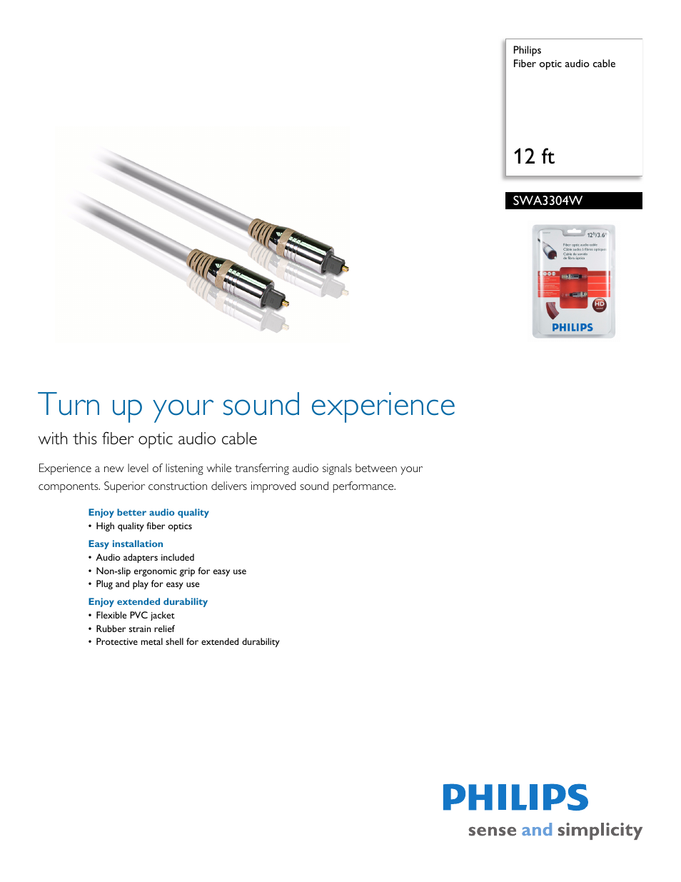 Philips Fiber optic audio cable SWA3304W 12 ft User Manual | 2 pages