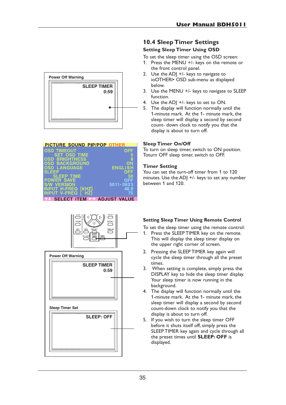 4 sleep timer settings | Philips BDH5011-74B User Manual | Page 35 / 56