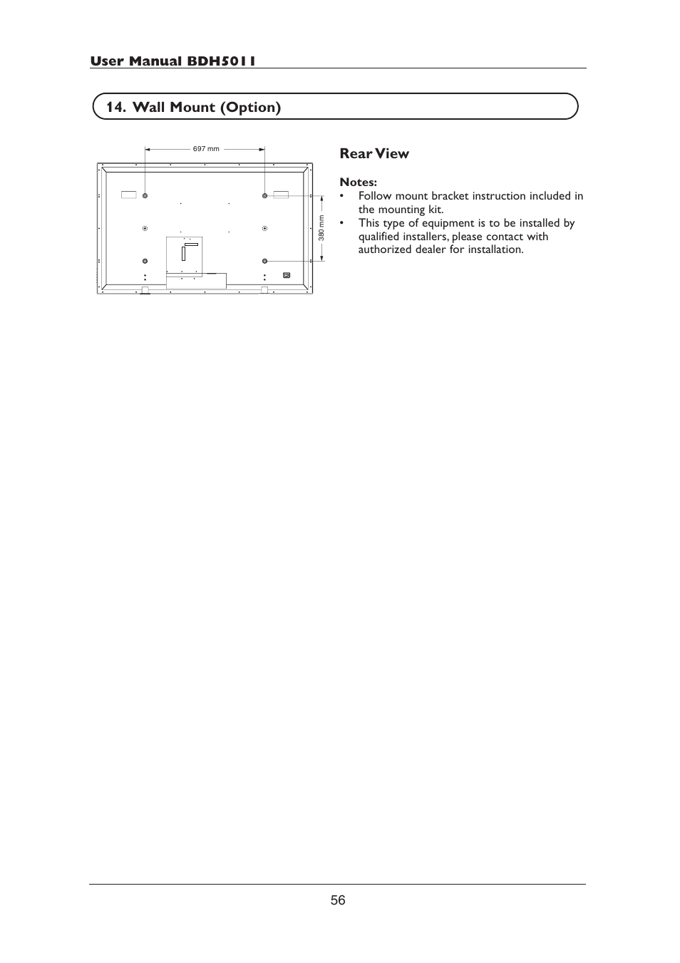 Rear view, Wall mount (option) | Philips BDH5011-74B User Manual | Page 56 / 56