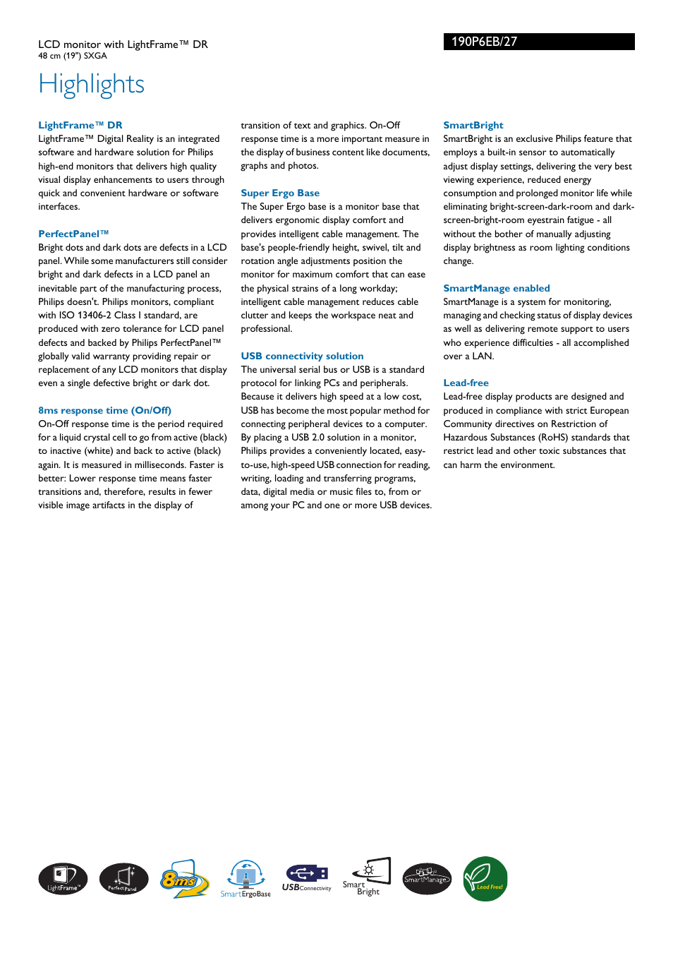 Highlights | Philips 190P6EB-27 User Manual | Page 2 / 3