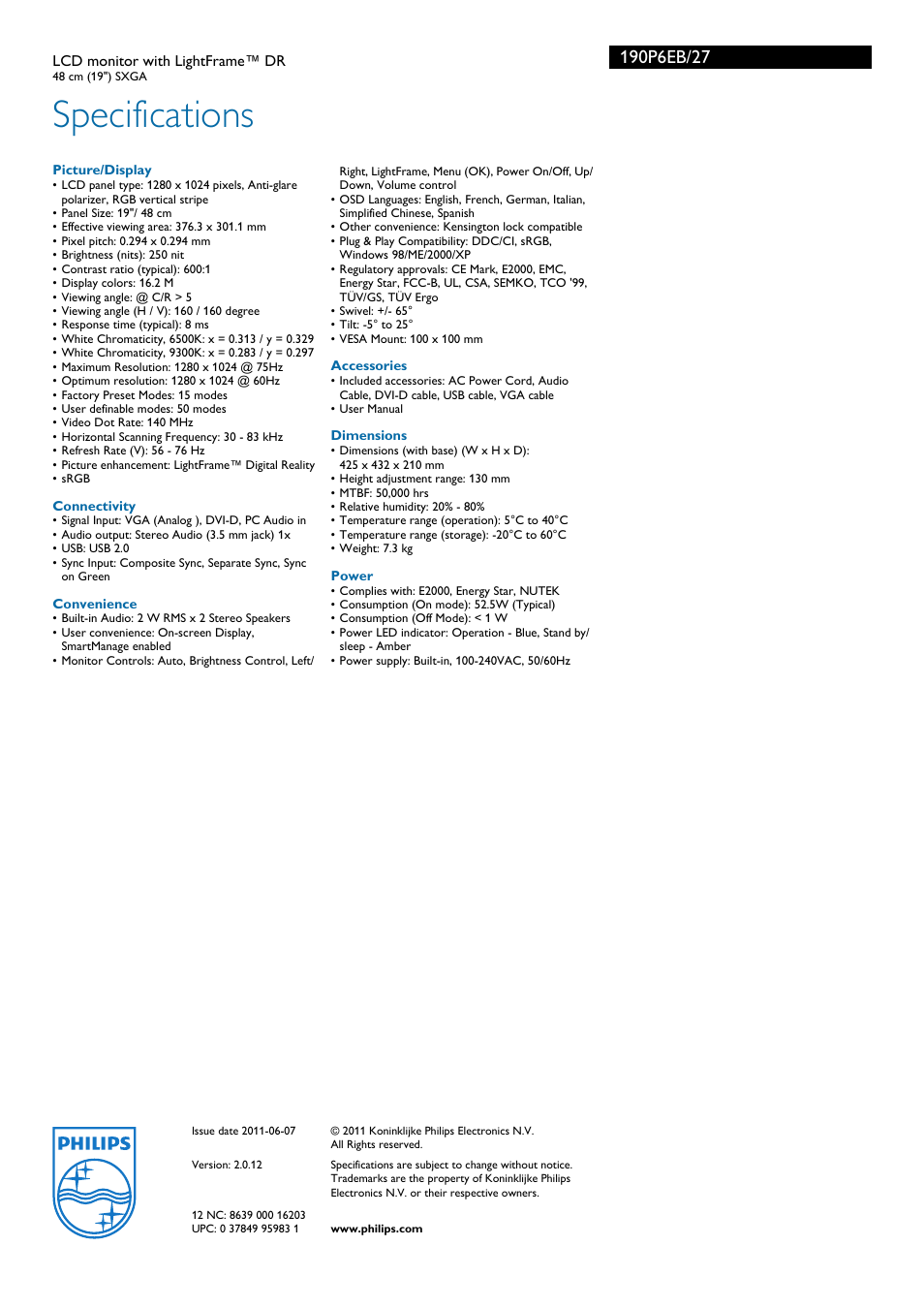 Specifications | Philips 190P6EB-27 User Manual | Page 3 / 3