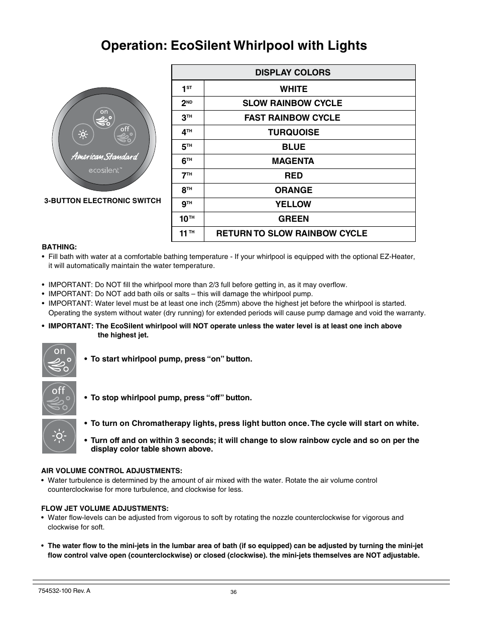 Operation: ecosilent whirlpool with lights | American Standard 2939 User Manual | Page 36 / 44