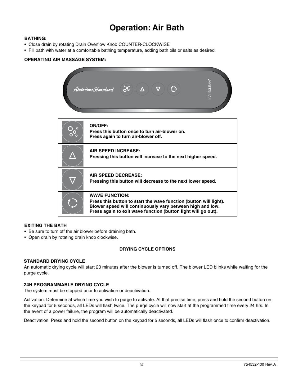 Operation: air bath | American Standard 2939 User Manual | Page 37 / 44