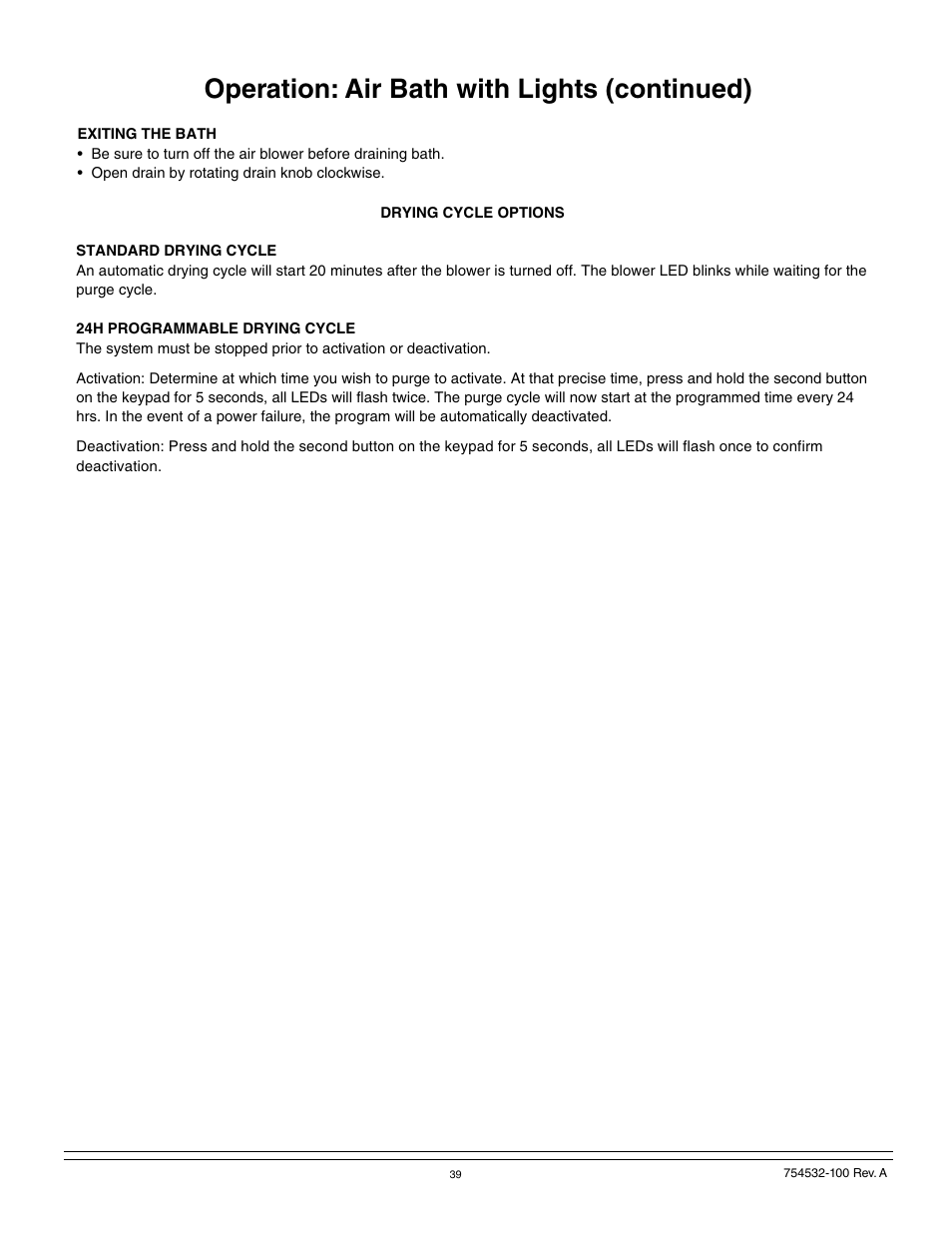 Operation: air bath with lights (continued) | American Standard 2939 User Manual | Page 39 / 44