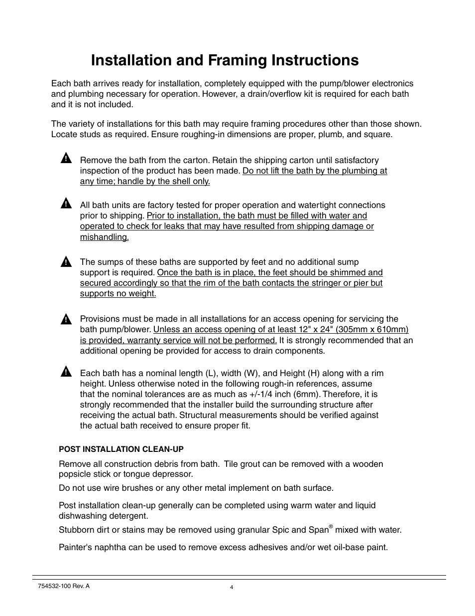 Installation and framing instructions | American Standard 2939 User Manual | Page 4 / 44