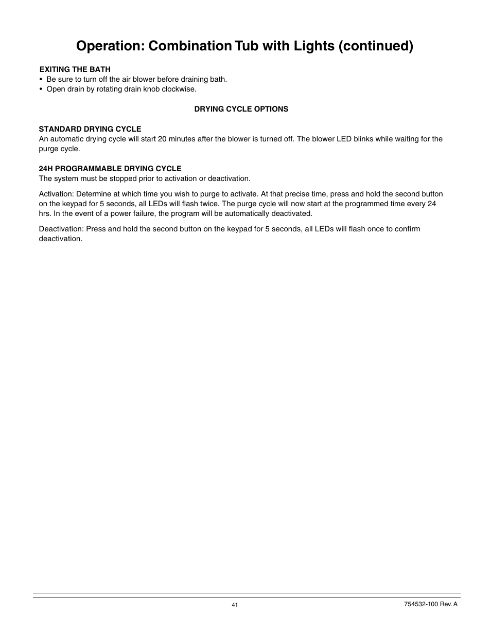 Operation: combination tub with lights (continued) | American Standard 2939 User Manual | Page 41 / 44