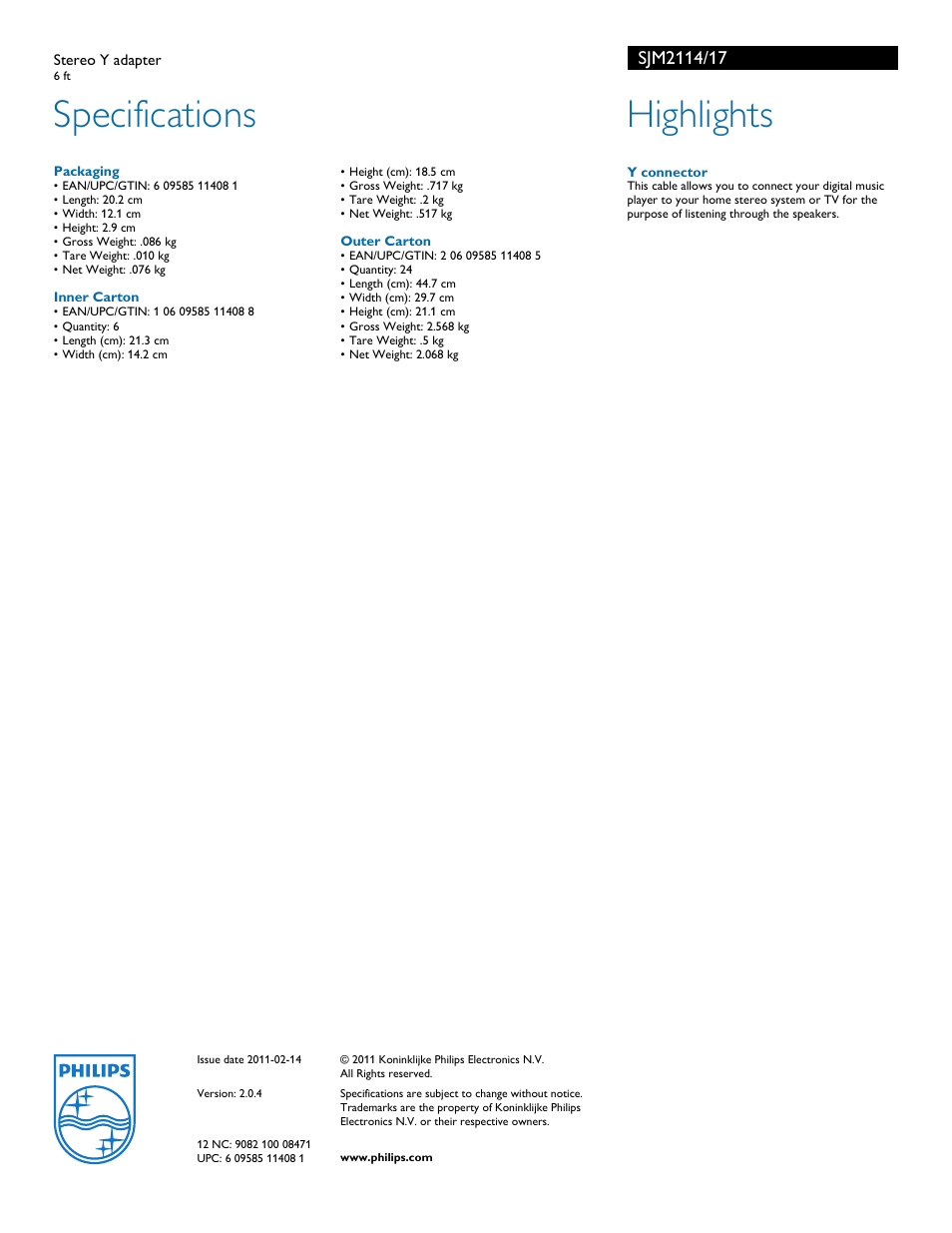 Specifications, Highlights | Philips SJM2114-17 User Manual | Page 2 / 2