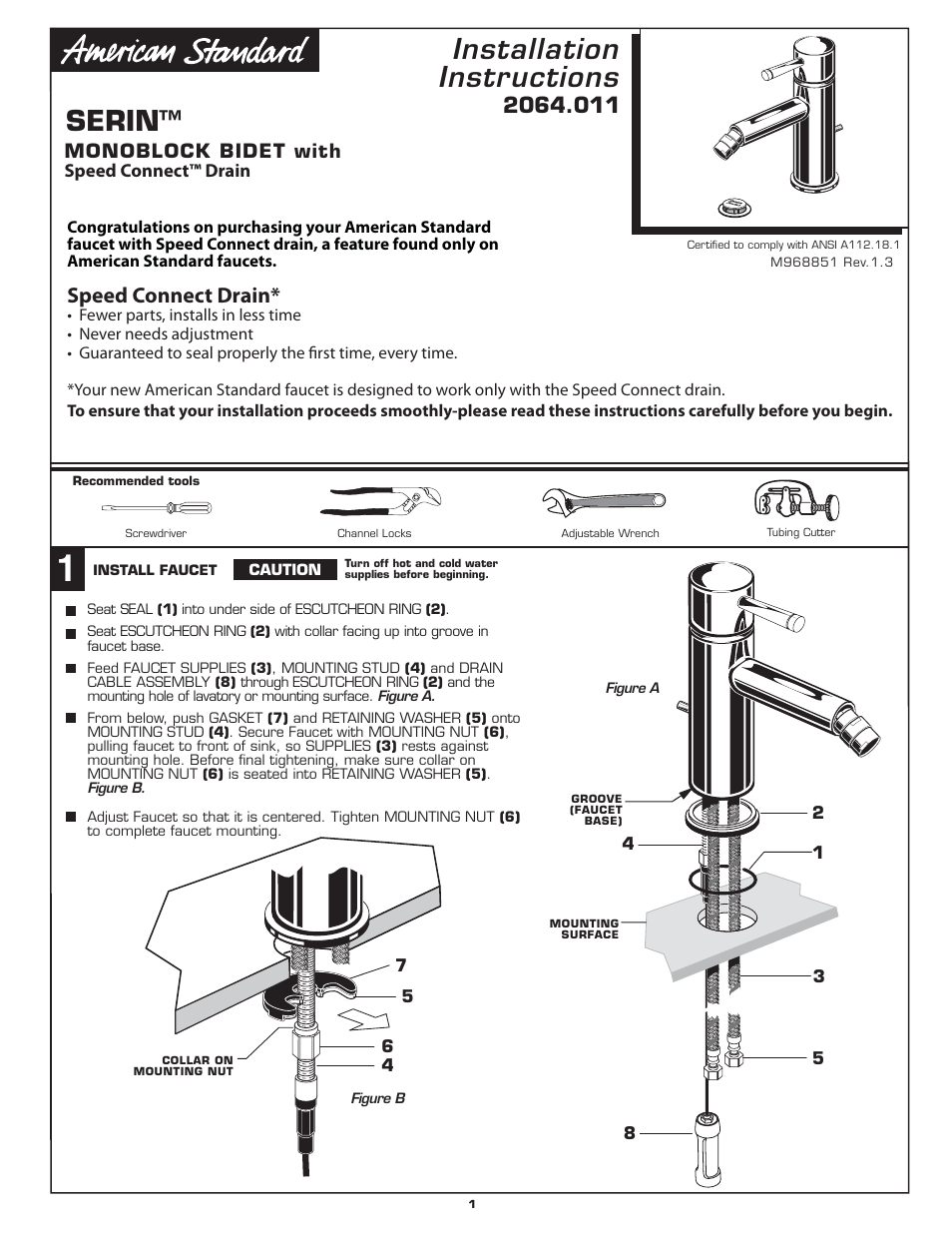 American Standard MONOBLOCK BIDET 2064.011 User Manual | 6 pages
