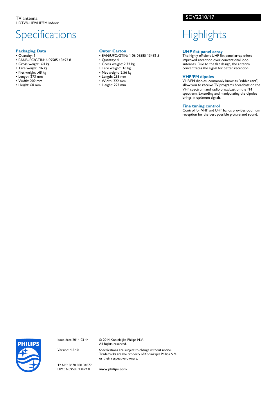 Specifications, Highlights | Philips SDV2210-17 User Manual | Page 2 / 2