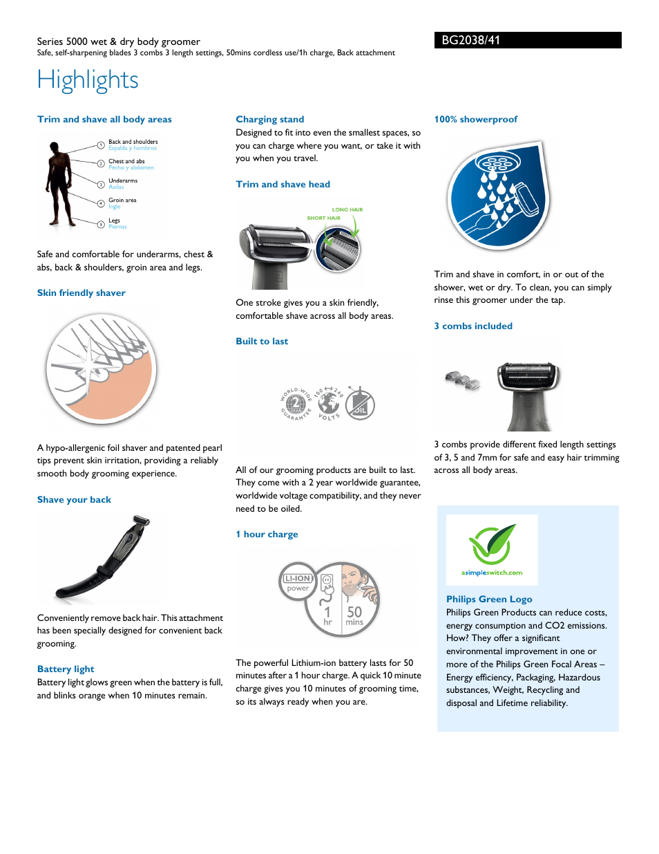 Highlights | Philips Norelco Bodygroom 5100 Series 5000 wet & dry body groomer BG2038 Safe self-sharpening blades 3 combs 3 length settings 50mins cordless use-1h charge Back attachment User Manual | Page 2 / 3