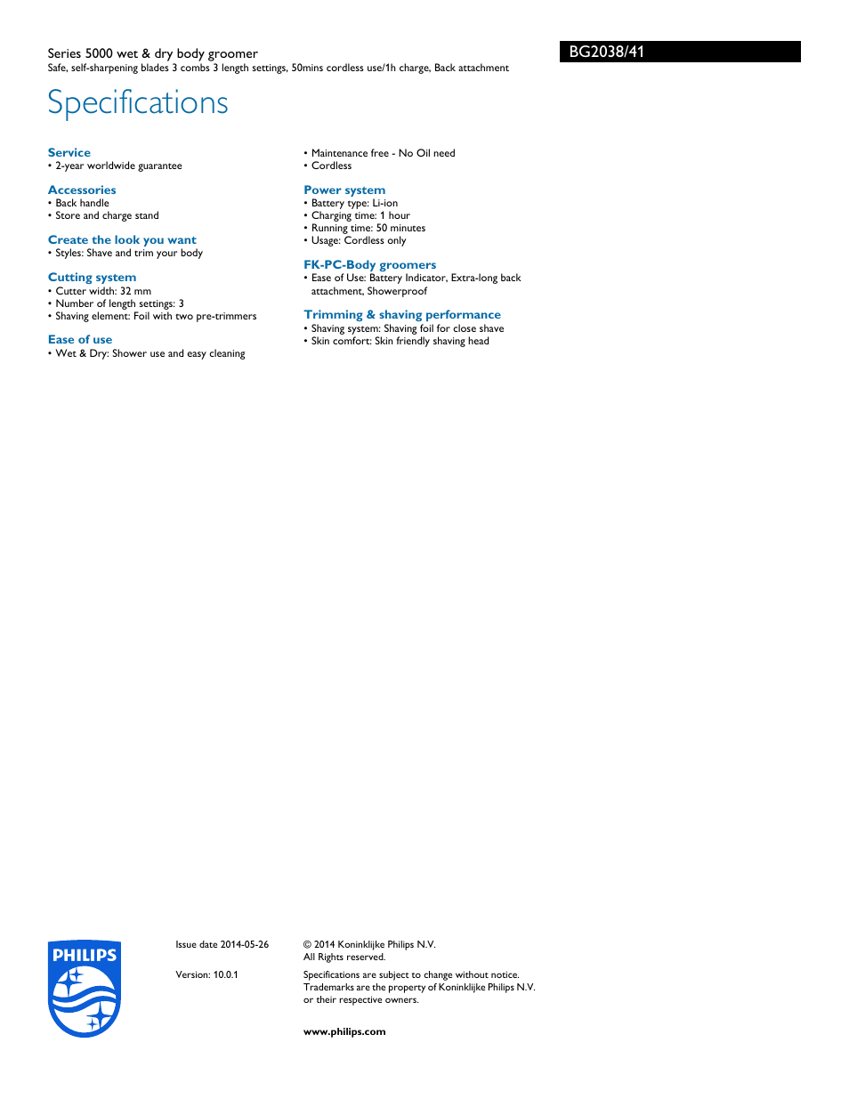 Specifications | Philips Norelco Bodygroom 5100 Series 5000 wet & dry body groomer BG2038 Safe self-sharpening blades 3 combs 3 length settings 50mins cordless use-1h charge Back attachment User Manual | Page 3 / 3