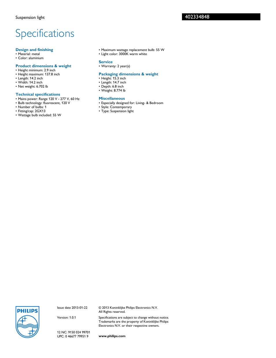 Specifications | Philips 402334848 User Manual | Page 2 / 2