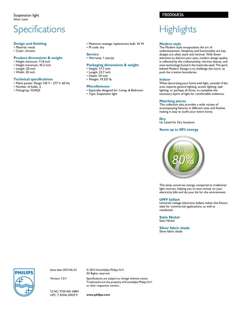 Specifications, Highlights | Philips FB0006836 User Manual | Page 2 / 2