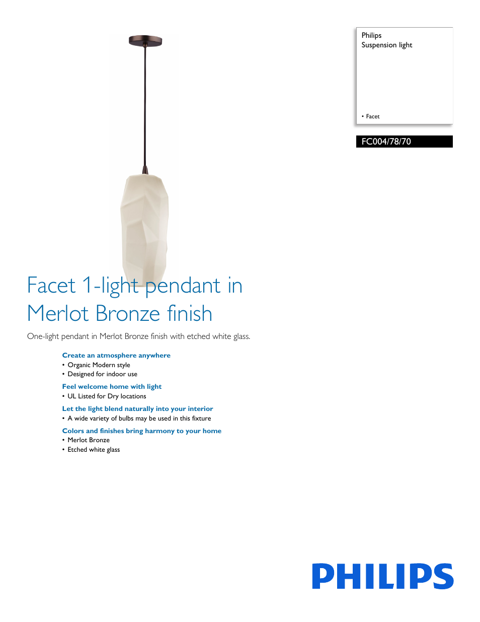 Philips Forecast Suspension light FC004-78-70 Facet User Manual | 2 pages