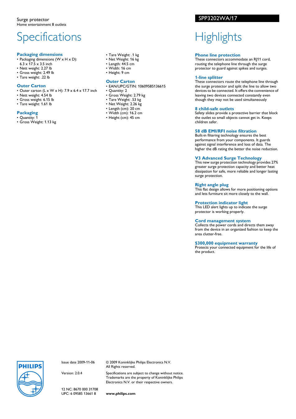 Specifications, Highlights | Philips SPP3202WA-17 User Manual | Page 2 / 2