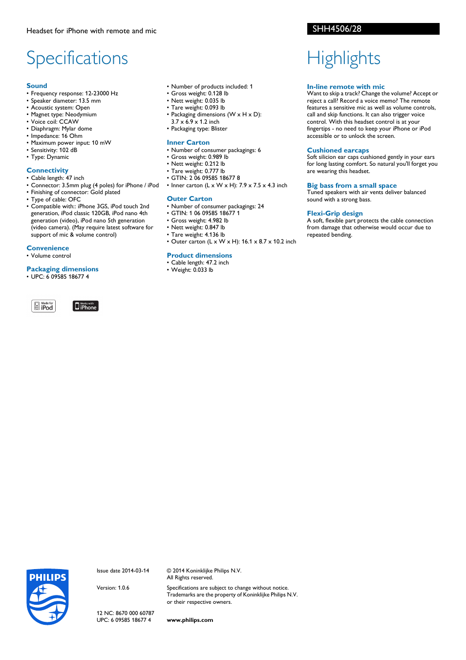 Specifications, Highlights | Philips SHH4506-28 User Manual | Page 2 / 2